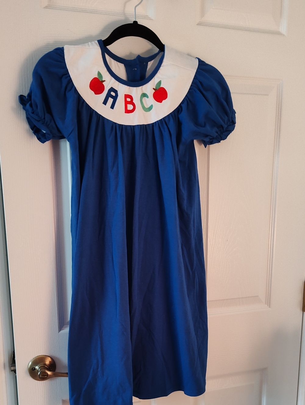 Source Unknown Blue Dress with ABC and Red Apple Appliqués